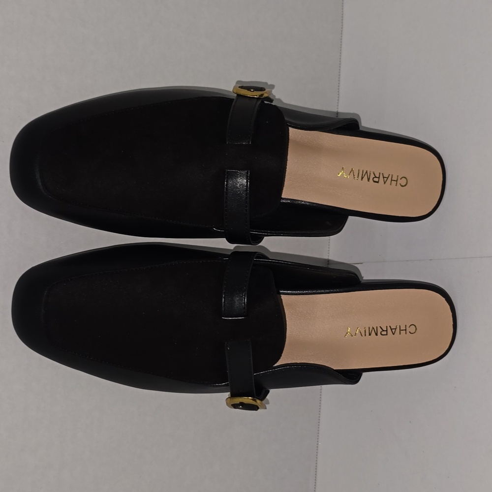 Charmivy Suede Mules Flat Square Toe Slip On Loafer‎ Slides Shoes Buckle Size 10